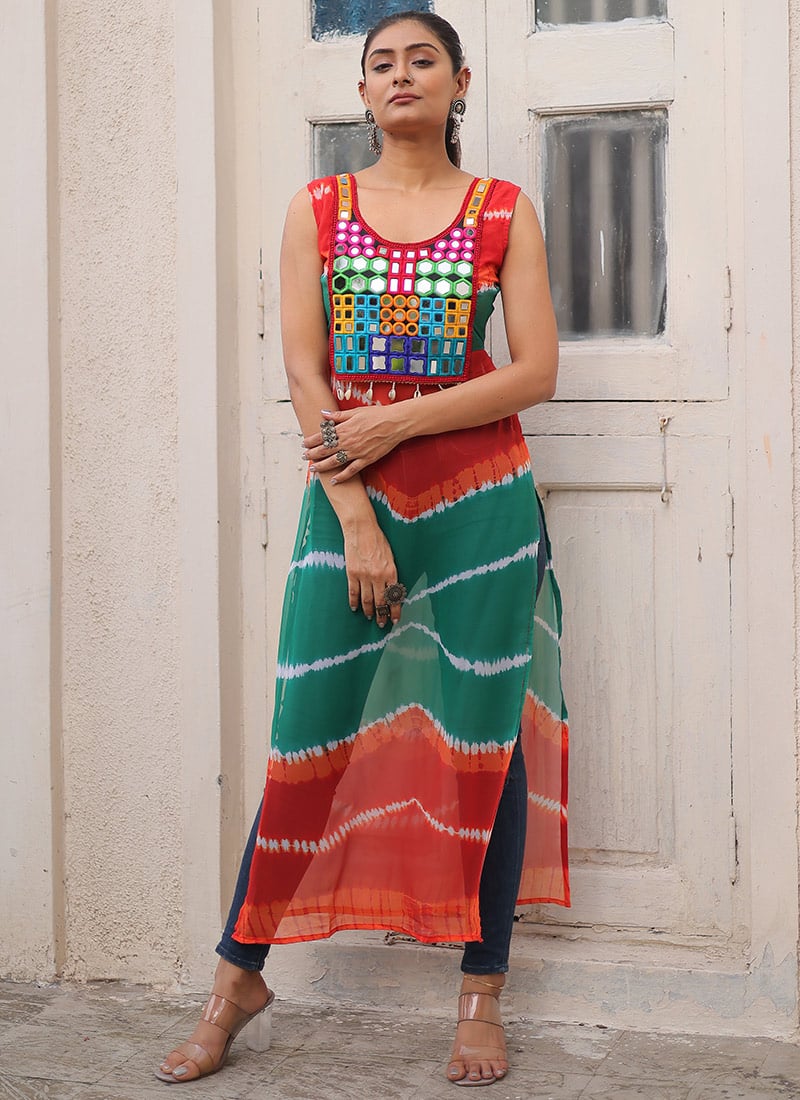 Multicolored Faux Georgette Printed And Mirror Work Indowestern Tops After Six Wear