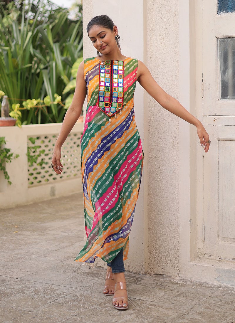 Multicolored Faux Georgette Printed And Mirror Work Indowestern Tops After Six Wear