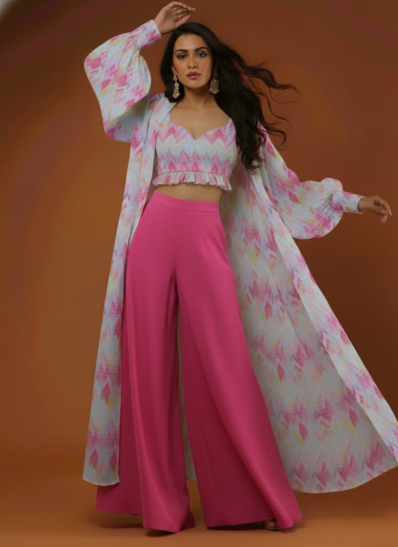 Multicolored Faux Georgette Printed Palazzo Set After Six Wear