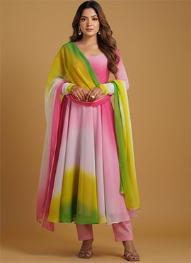 Multicolored Faux Georgette Tie N Dye Anarkali Suit