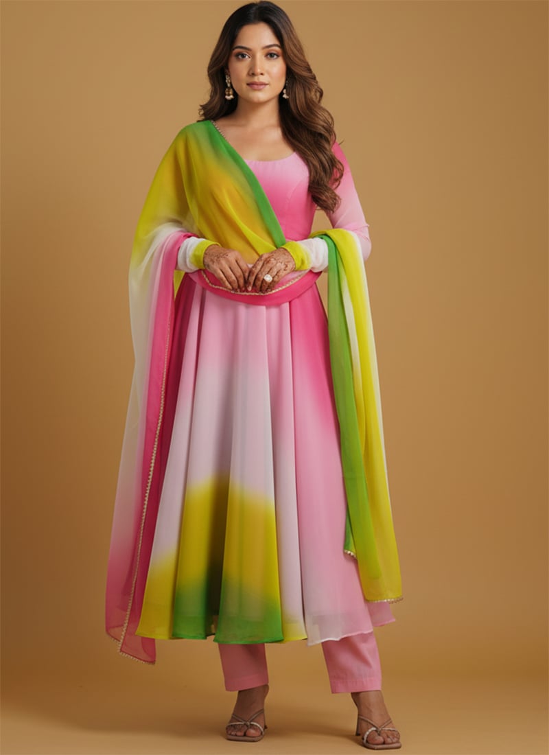 Multicolored Faux Georgette Tie N Dye Anarkali Suit After Six Wear