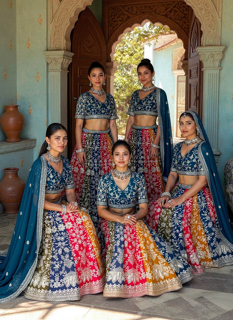 Multicolored Georgette Zari Embroidered Sequins Lehenga Wedding Wear