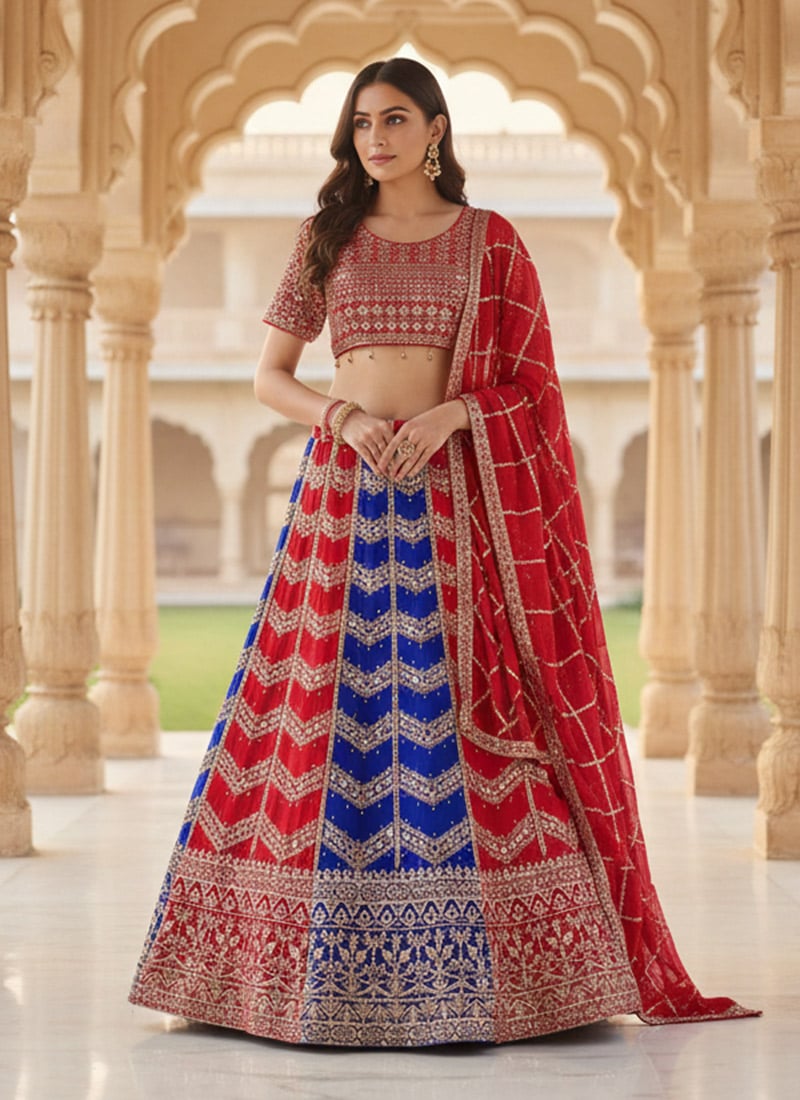 Multicolored Faux Georgette Zari Embroidered Sequins Lehenga Wedding Wear