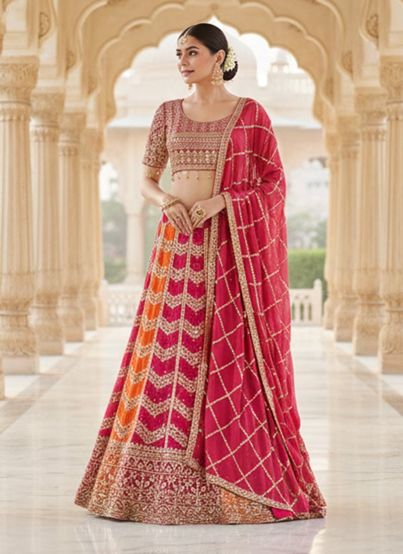Multicolored Faux Georgette Zari Embroidered Sequins Lehenga Wedding Wear