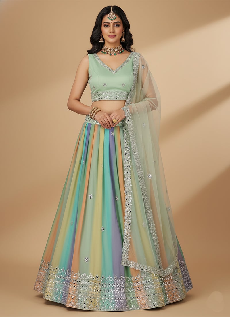 Multicolored Faux Georgette Zari Embroidered Sequins Lehenga Festive Wear