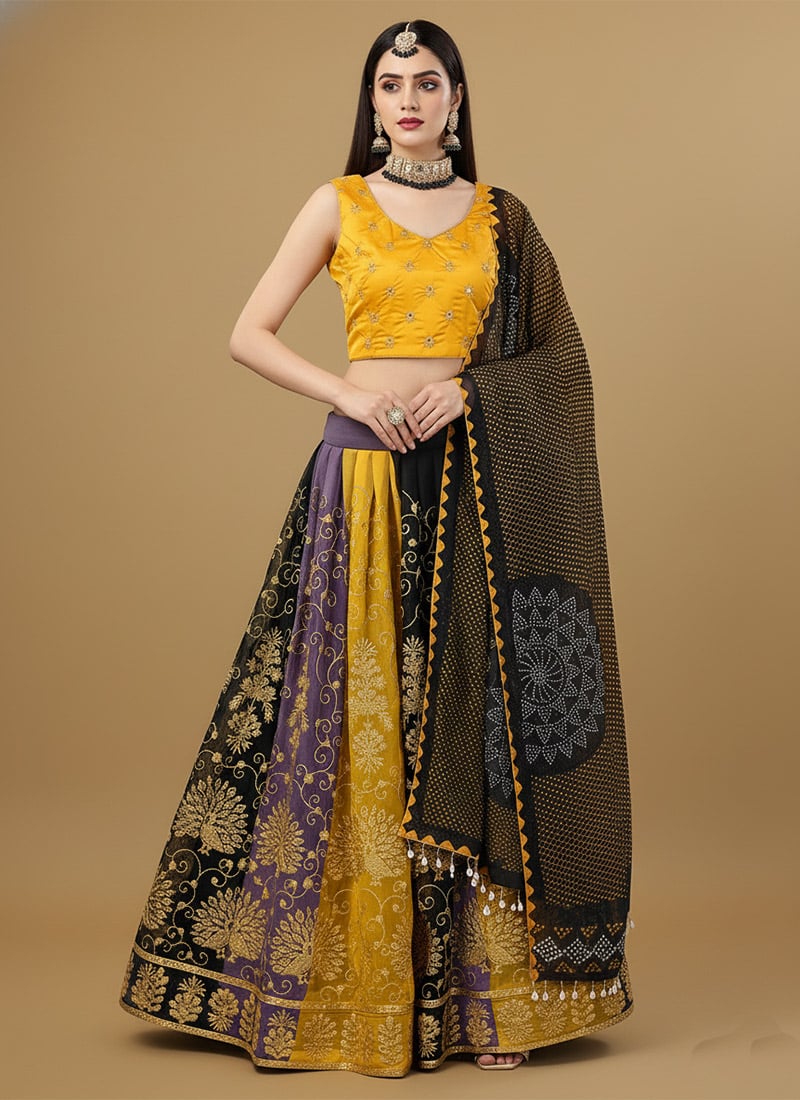 Multicolored Faux Georgette Zari Embroidered Sequins Lehenga Festive Wear