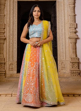Multicolored Faux Georgette Zari Sequins Embroidered A Line Lehenga