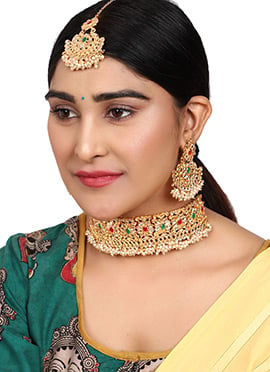 Multicolored Floral Kundan Pearl Chandbali Gold Plated Choker Set With Maangtikka