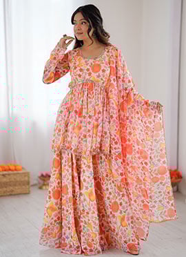 Multicolored Floral Print Soft Tabby Organza Palazzo Suit