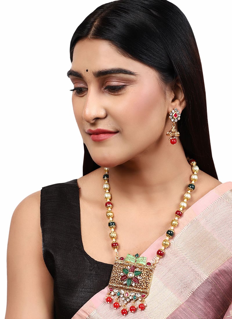 Multicolored Floral Square Meenakari Jhumka Gold Plated Long Necklace Set