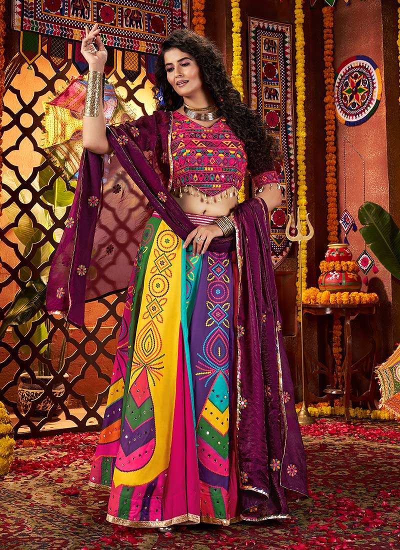 Multicolored Gajji Silk Kutch Work And Printed Chaniya Choli Festive Wear