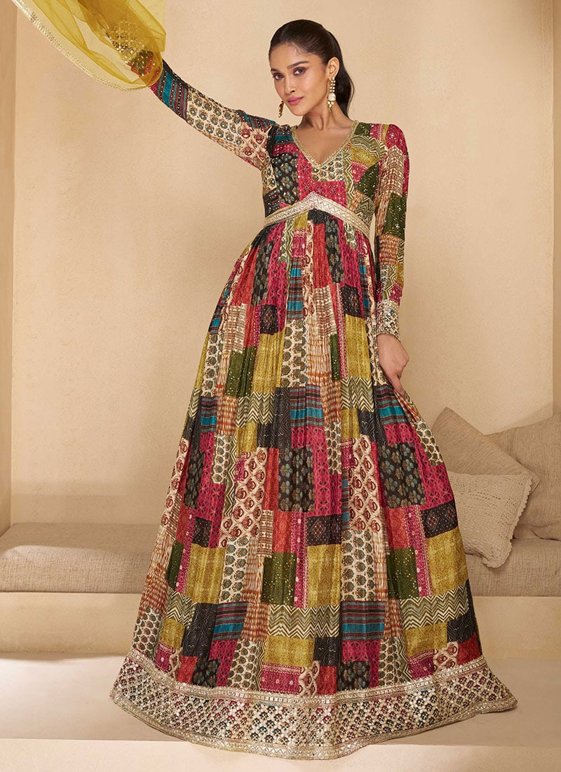 Multicolored Georgette Embroidered Sequins Anarkali Gown With Dupatta Festive Wear
