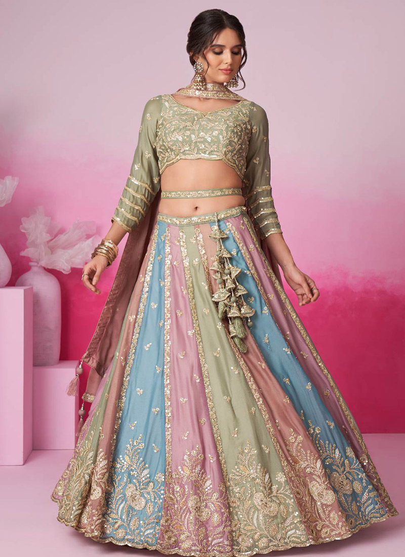 Multicolored Georgette Embroidered Sequins Enchanting Lehenga Wedding Wear