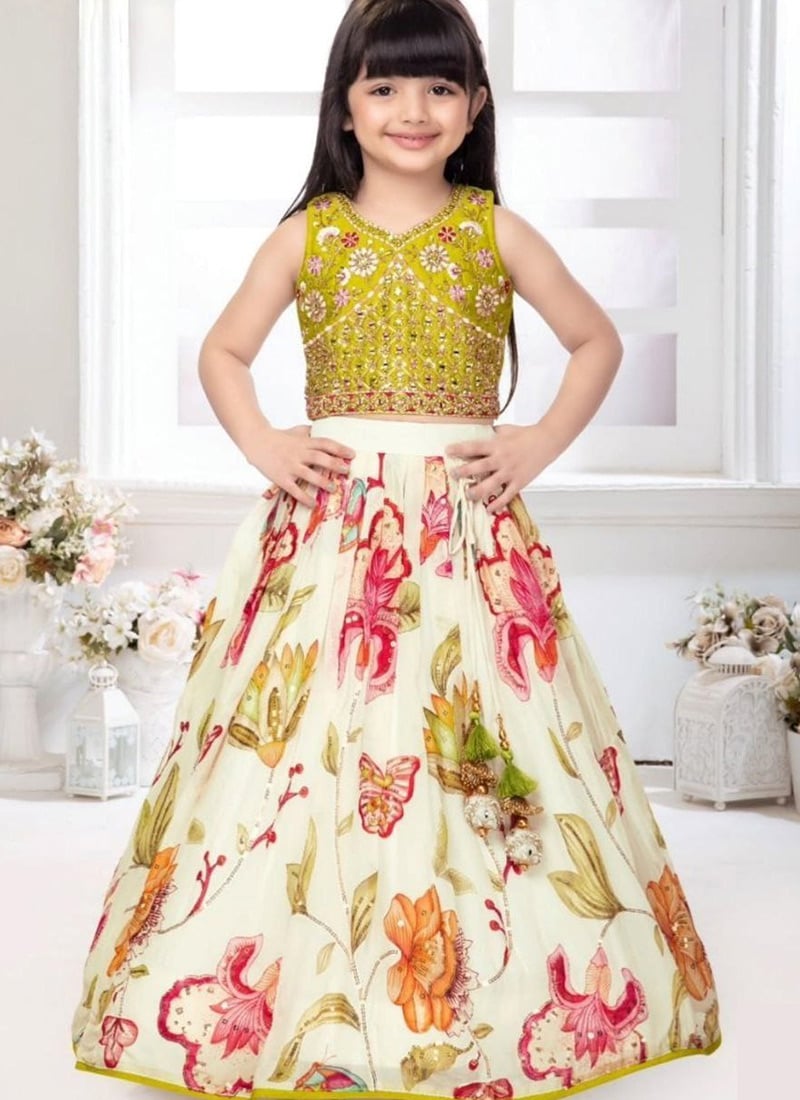 Multicolored Georgette Embroidery Digital Print Lehenga For Kids Girls Festive Wear