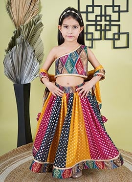 Multicolored Georgette Foil Print Gota Work One Side Shoulder Kids Girls Lehenga