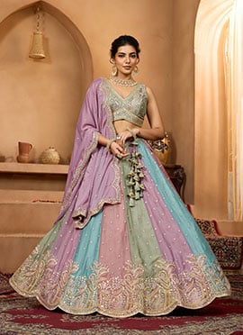 Multicolored Georgette Sequins Embroidered Umbrella Lehenga Wedding Wear