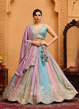 Multicolored Georgette Sequins Embroidered Umbrella Lehenga Wedding Wear