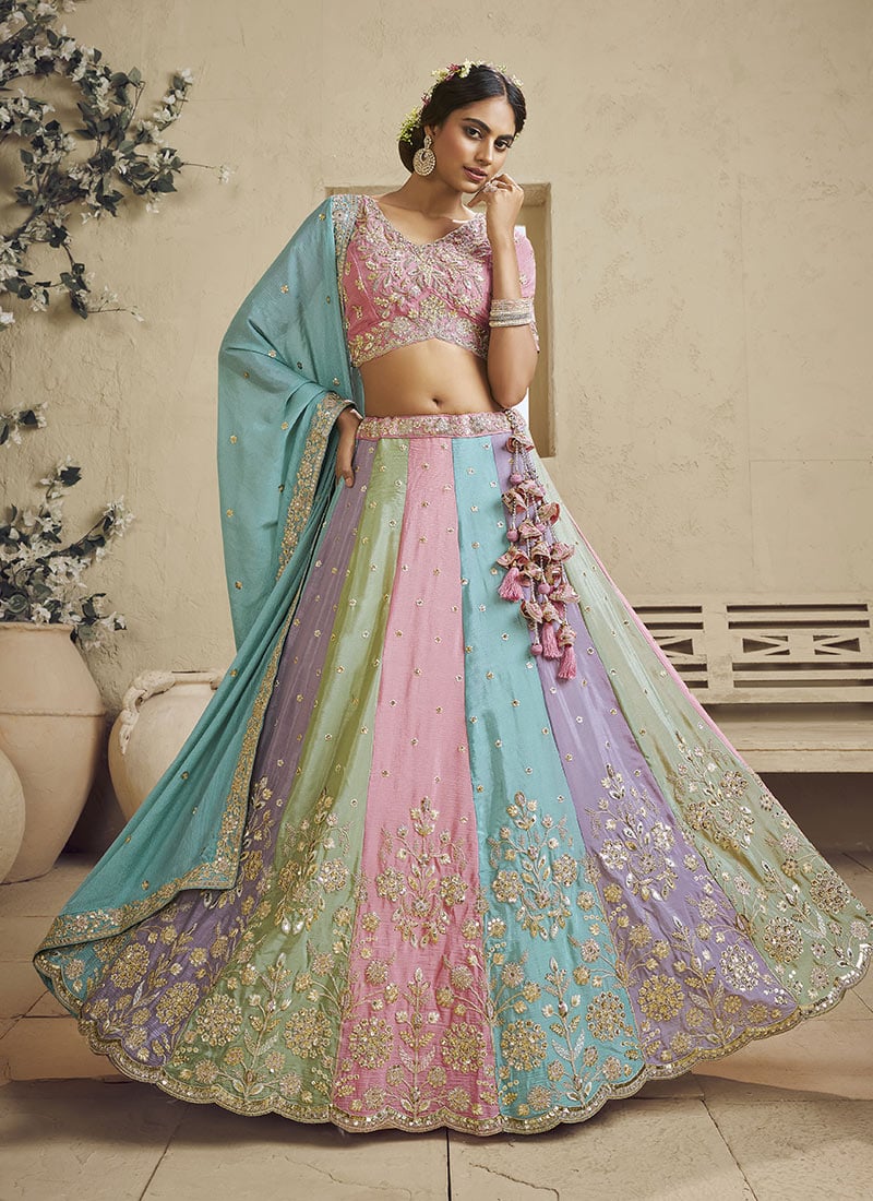 Multicolored Georgette Sequins Embroidered Umbrella Lehenga Wedding Wear