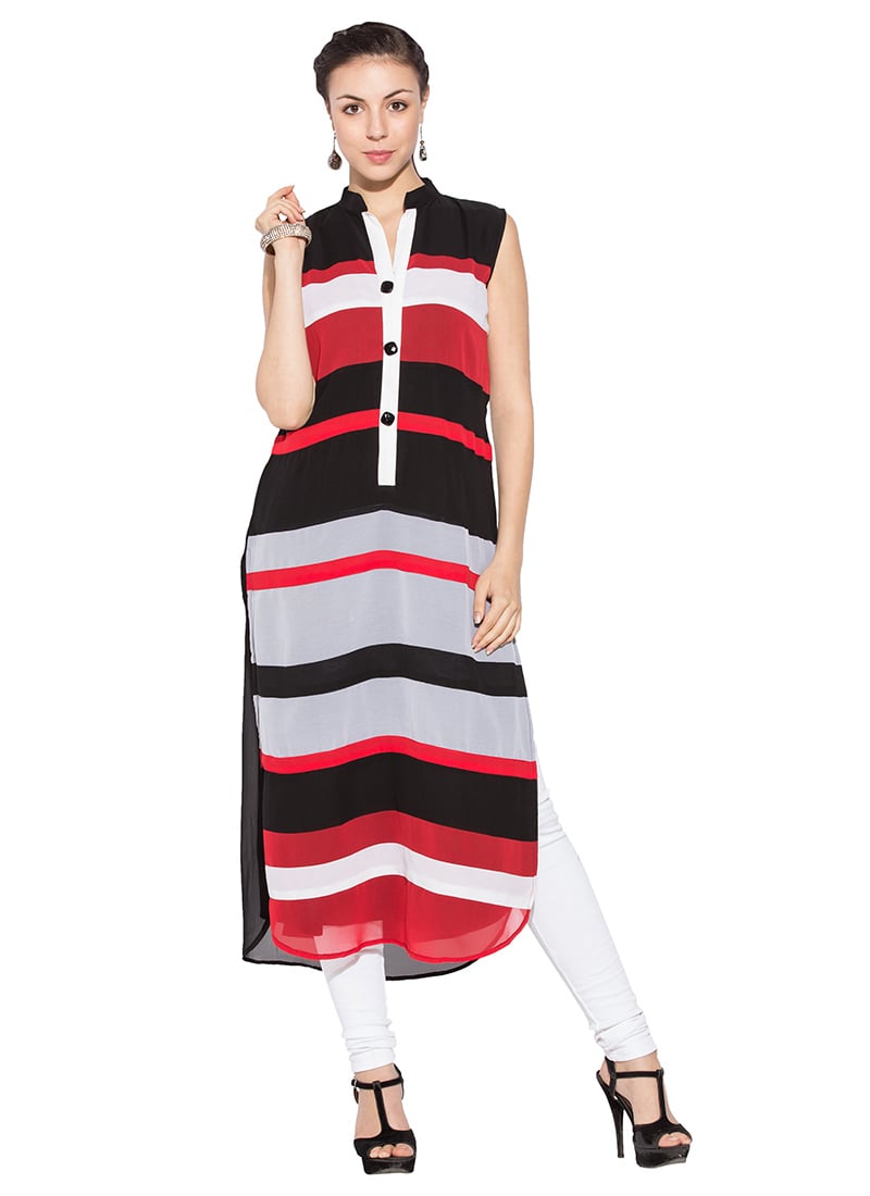 Multicolored Georgette Striped Long Kurti After Six Wear