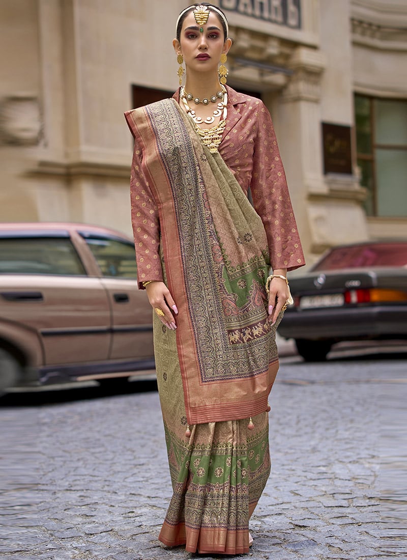Multicolored Green Silk Foil Print Saree Festive Wear