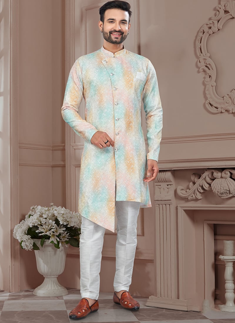 Multicolored Imported Silk Embroidered Sequins Indowestern Sherwani Festive Wear