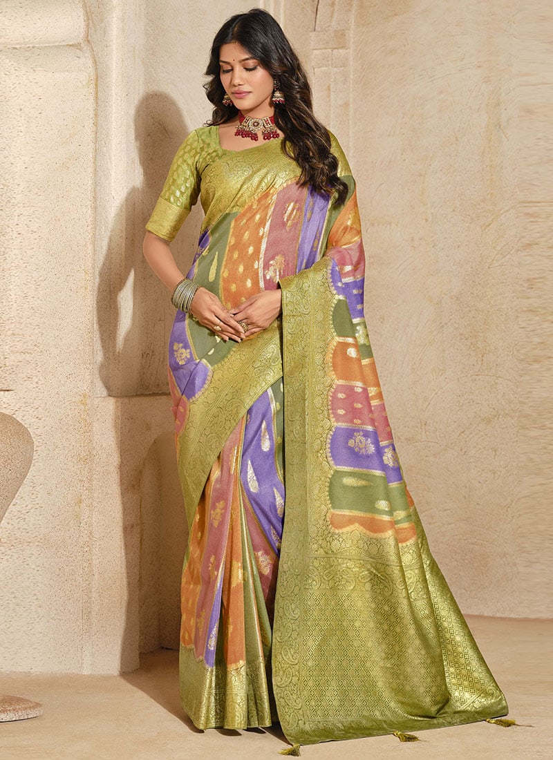 Multicolored Jacquard Silk With Zari Woven Saree Festive Wear