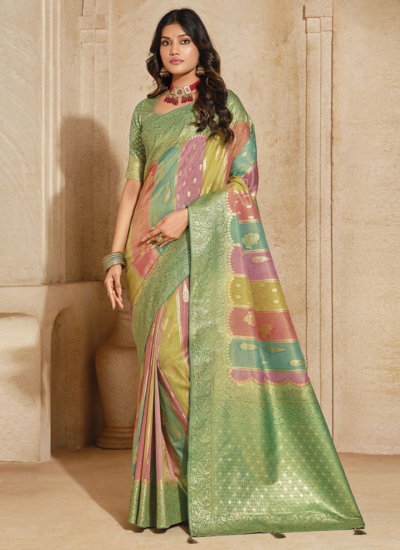 Multicolored Jacquard Silk With Zari Woven Saree Festive Wear