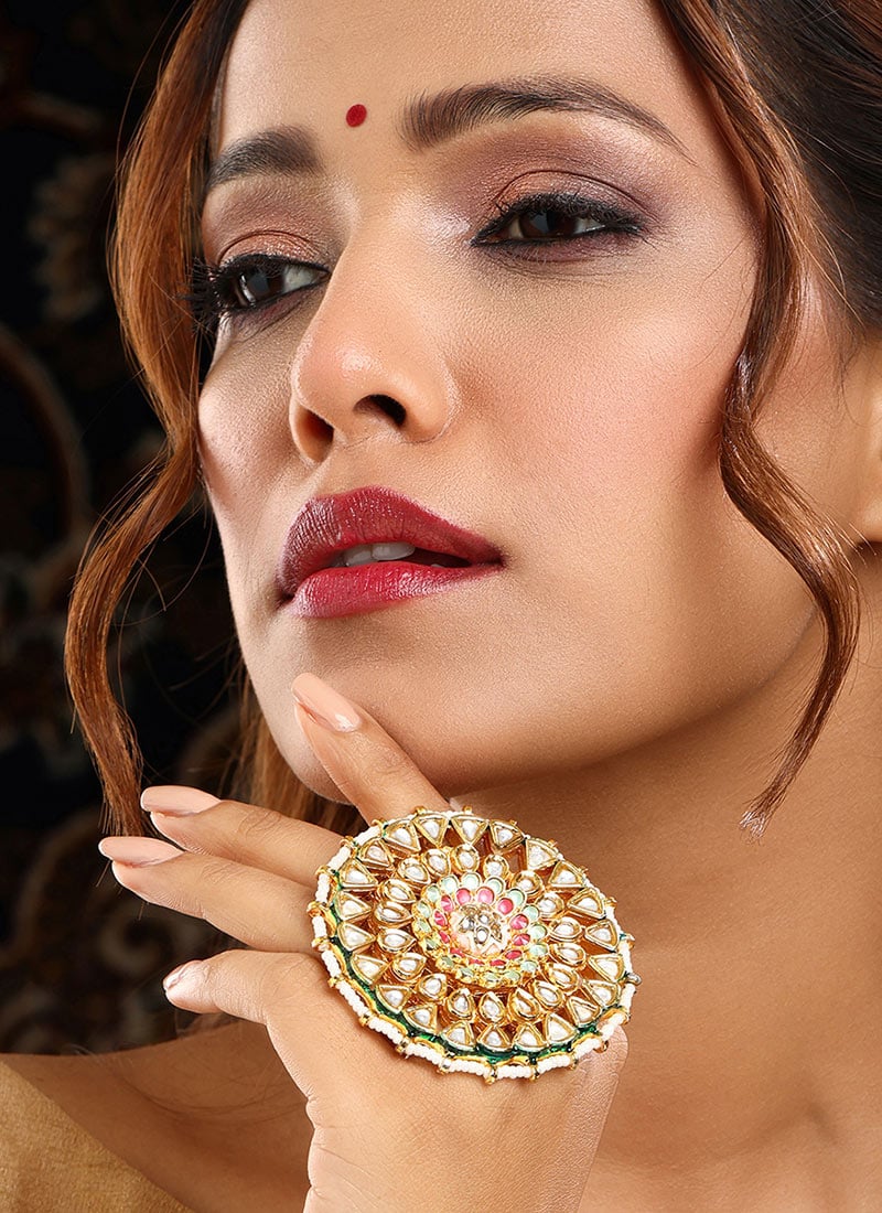 Multicolored Kundan And Beads Ring For Women Festive Wear