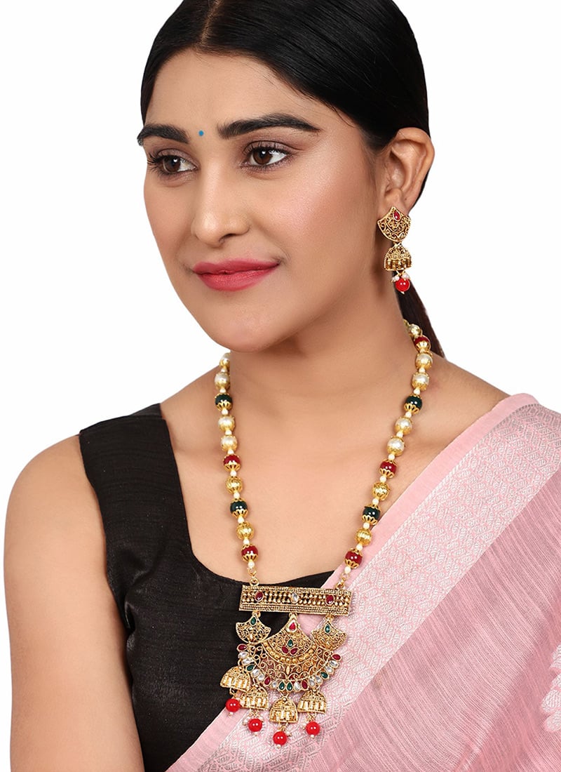 Multicolored Kundan Cascade Jhumka Gold Plated Long Necklace Set