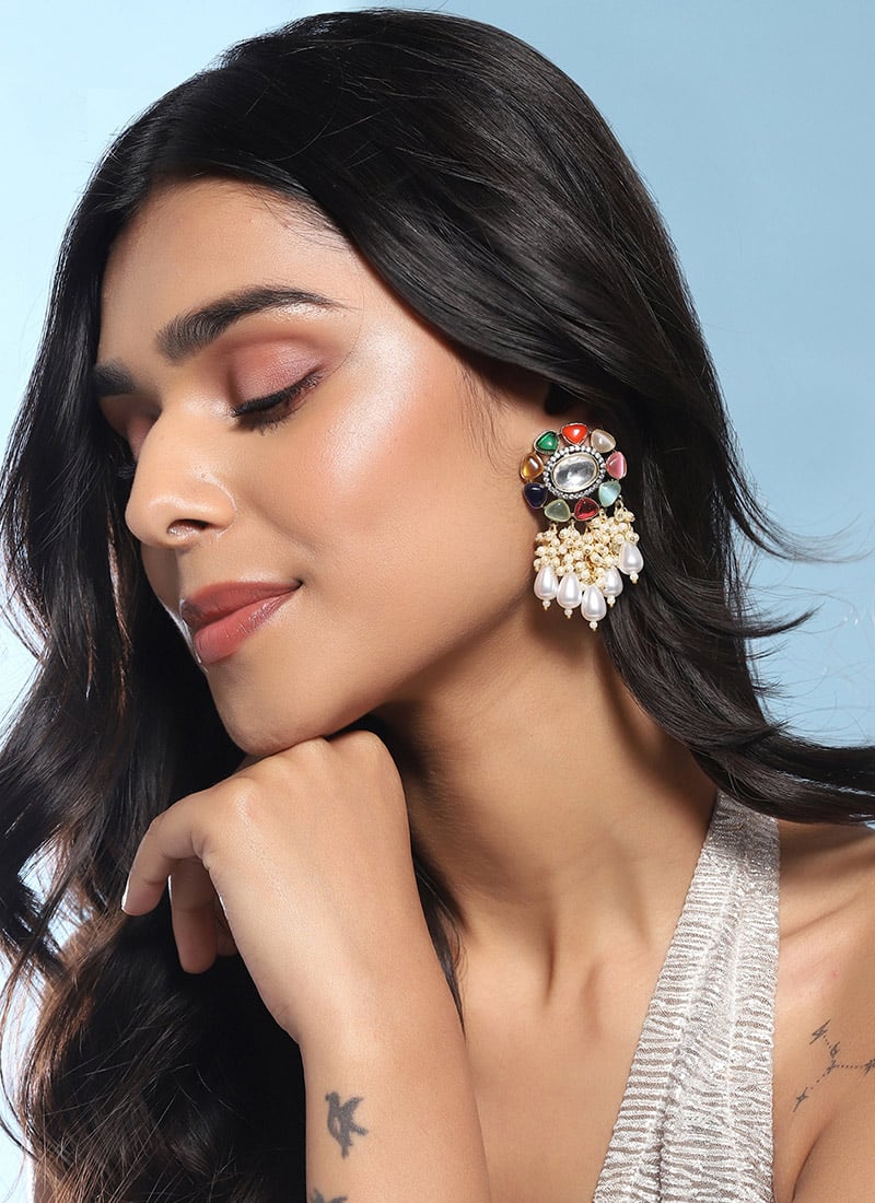 Multicolored Kundan Stones And Beads Drops Festive Wear