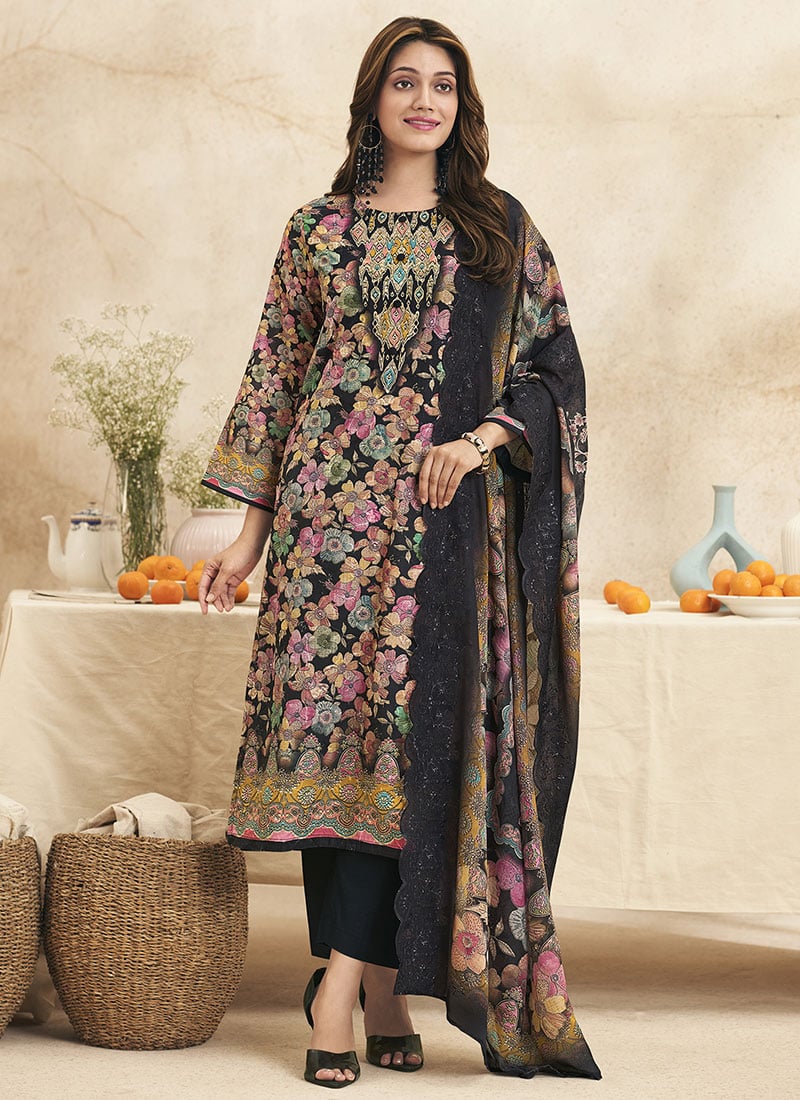 Multicolored Lawn Cotton Thread Embroidered And Digital Print Straight Pant Suit