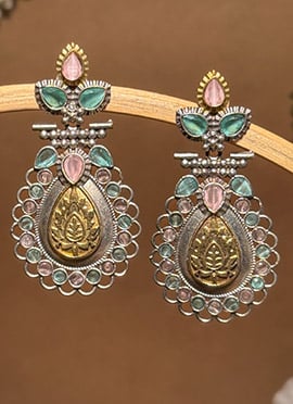 Multicolored Lotus Engraved Kundan Dangler Earrings