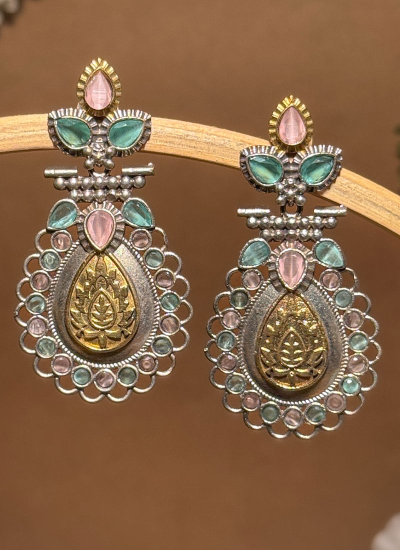 Multicolored Lotus Engraved Kundan Dangler Earrings Festive Wear