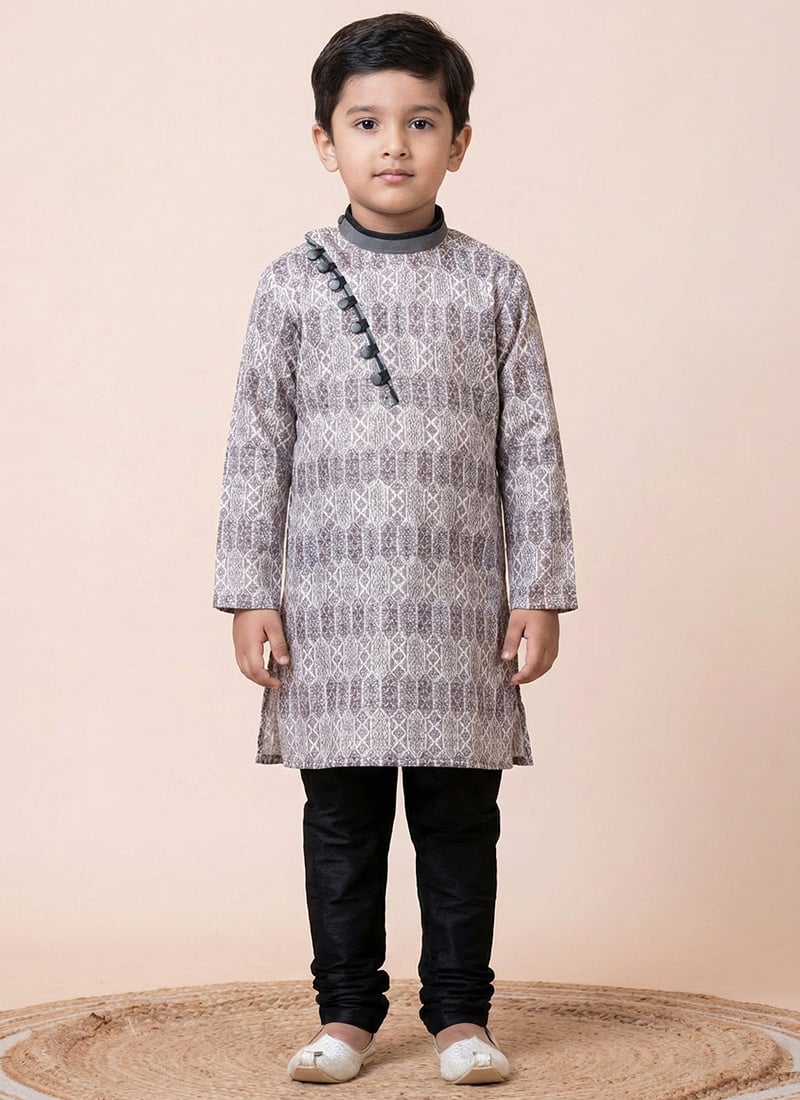Multicolored Mono Cotton Polyester Printed Kids Boys Kurta Pyjama Festive Wear