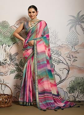 Multicolored Moss Polyester Digital Print Zari Saree
