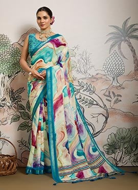 Multicolored Moss Polyester Digital Print Zari Saree