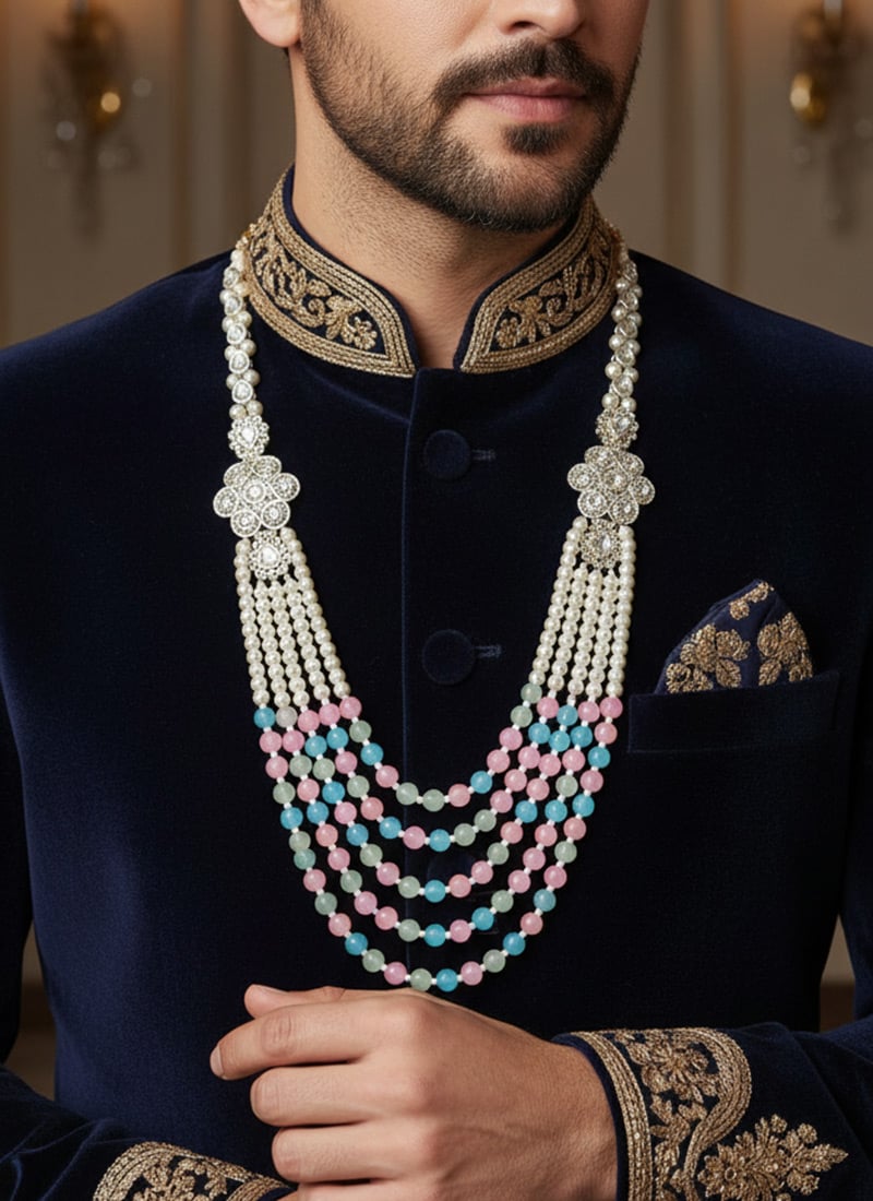 Multicolored Moti Kundan And Moti With Stone Men Necklace