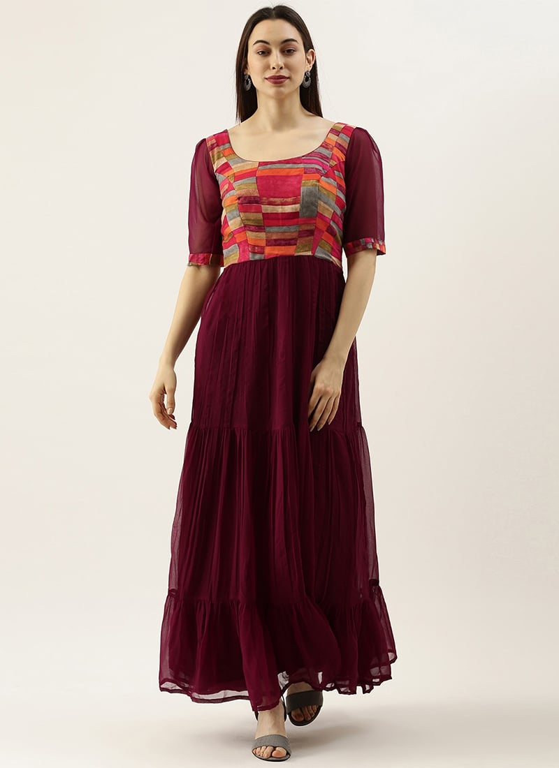 Multicolored N Burgundy Geogette Gathers Dress After Six Wear
