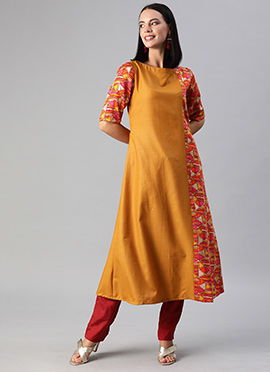 Multicolored N Mustard Printed Rayon Kurti