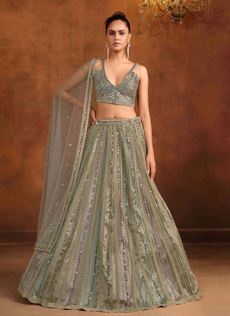 Multicolored Net Embroidery Stone And Hand Embroidered Umbrella Lehenga Wedding Wear