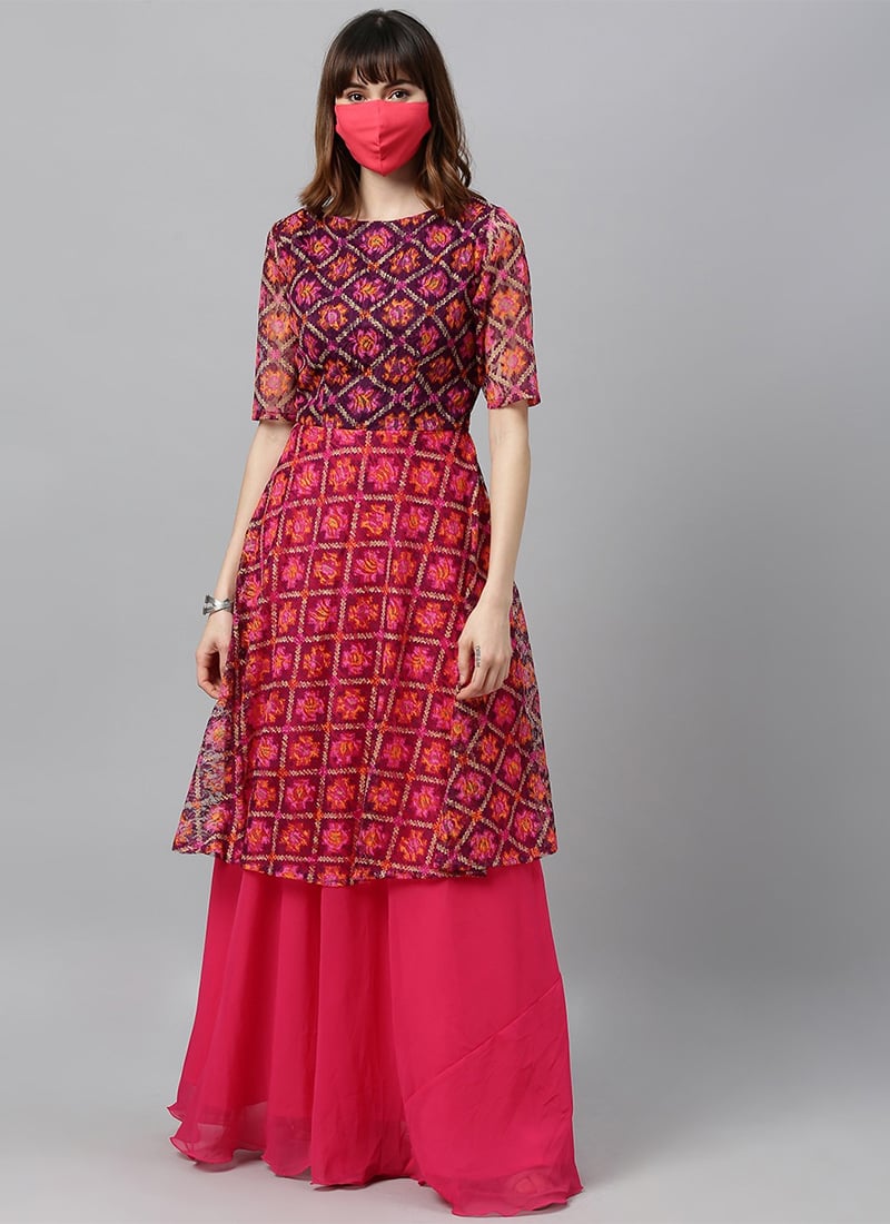 Multicolored Net N Pink Georgette Layered Gown