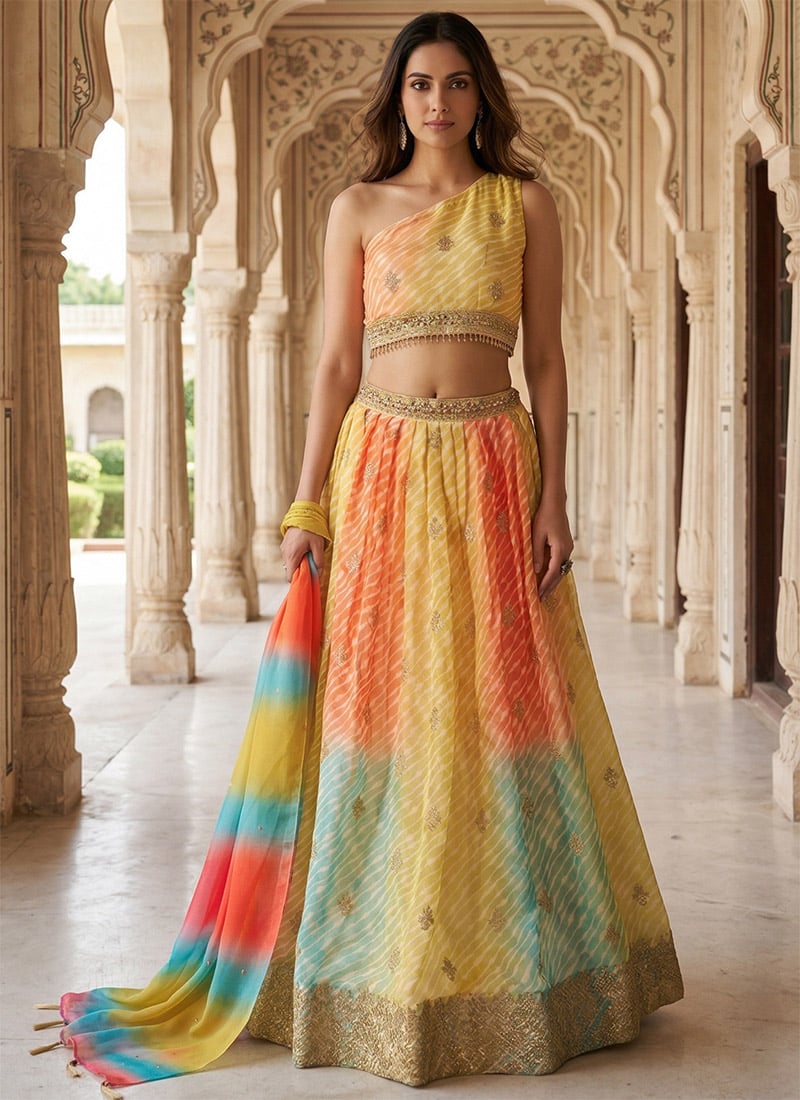 Multicolored Organza Digital Print Sequins Embroidered Lehenga Wedding Wear