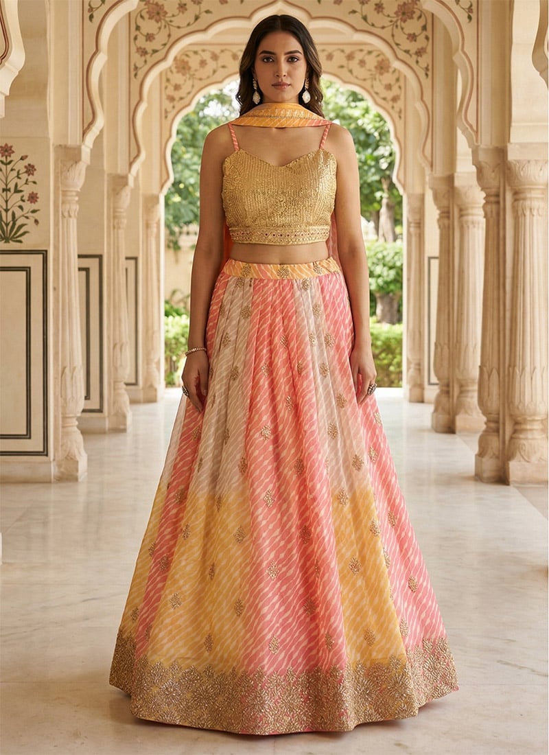 Multicolored Organza Digital Print Sequins Embroidered Lehenga Wedding Wear