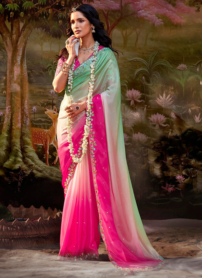 Multicolored Organza Embroidered And Sequins Saree Wedding Wear-SASLI25245348