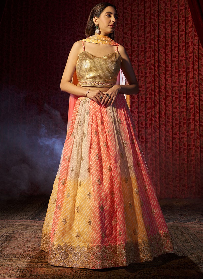 Multicolored Organza Leheriya Print Embroidered Sequins Classy Lehenga Wedding Wear