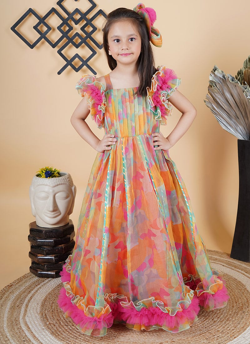 Multicolored Organza Printed Kids Girls Gown Wedding Wear
