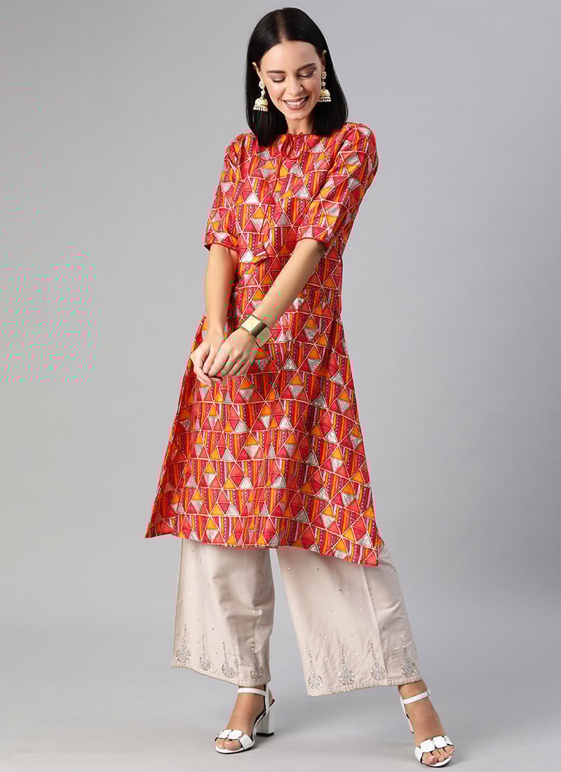 Multicolored Printed Cotton Calf Length Kurti After Six Wear