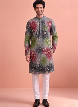 Multicolored Rangoli Silk Beads Work Kurta Pyjama For Men