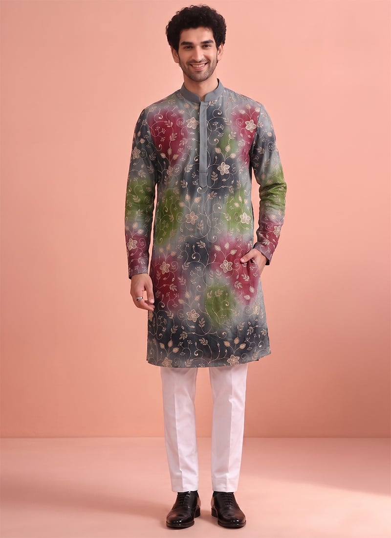 Multicolored Rangoli Silk Beads Work Kurta Pyjama For Men Festive Wear