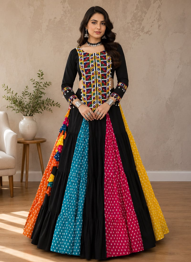 Multicolored Rayon Cotton Embroidered Mirror Work Indo WesternFor Garba Festive Wear